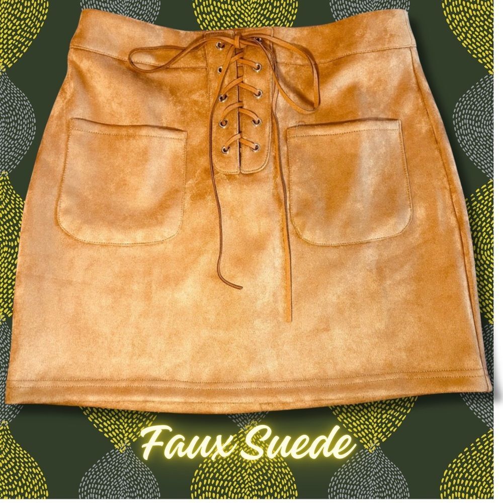 Boho Faux Suede Lace‑Up Mini Skirt Tan – Western Festival Hippie – Size M NWOT